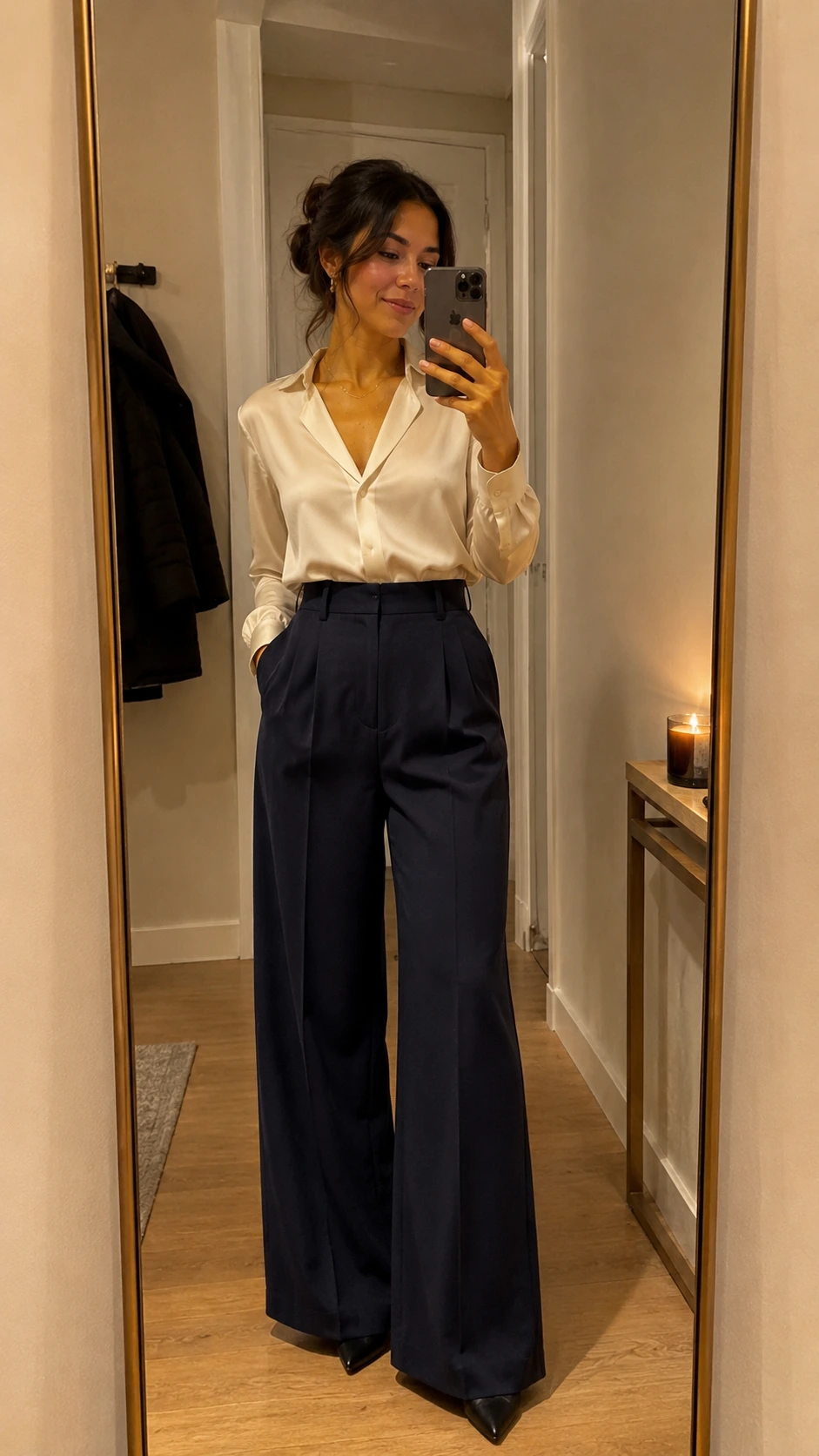 Young woman in deep navy wide-leg trousers takes a mirror selfie, pleated high-waist fabric falling to the floor in a polished work dinner outfit