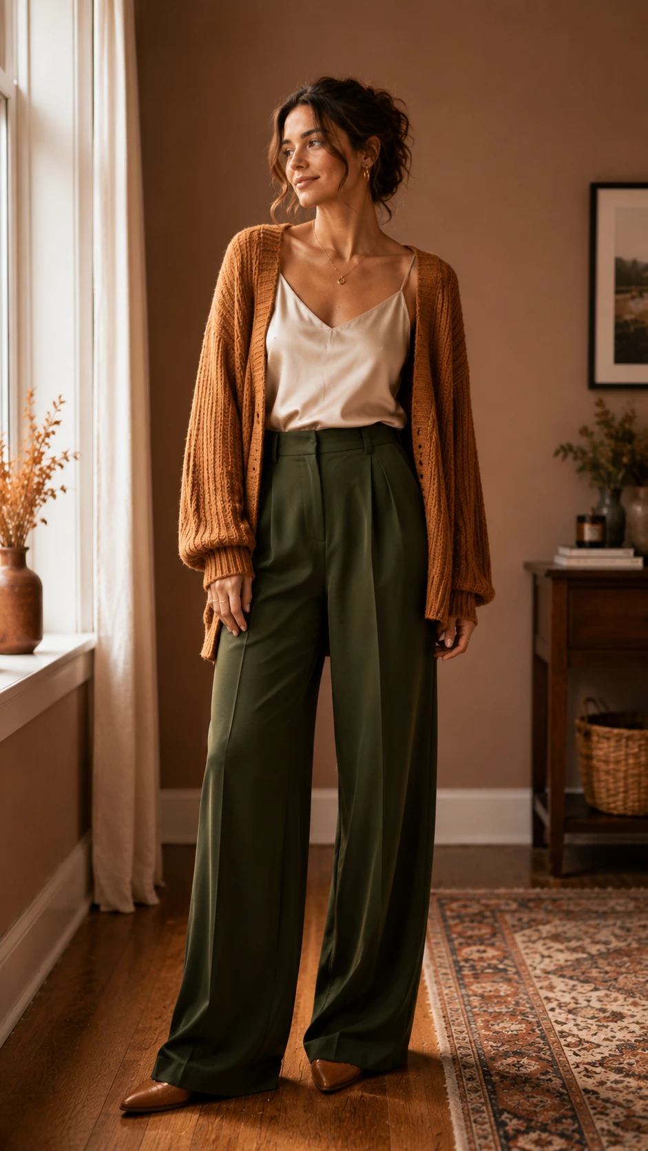 Woman in tailored wide-leg trousers and silky cami layered with a cardigan, a polished Thanksgiving outfit in warm caramel tones