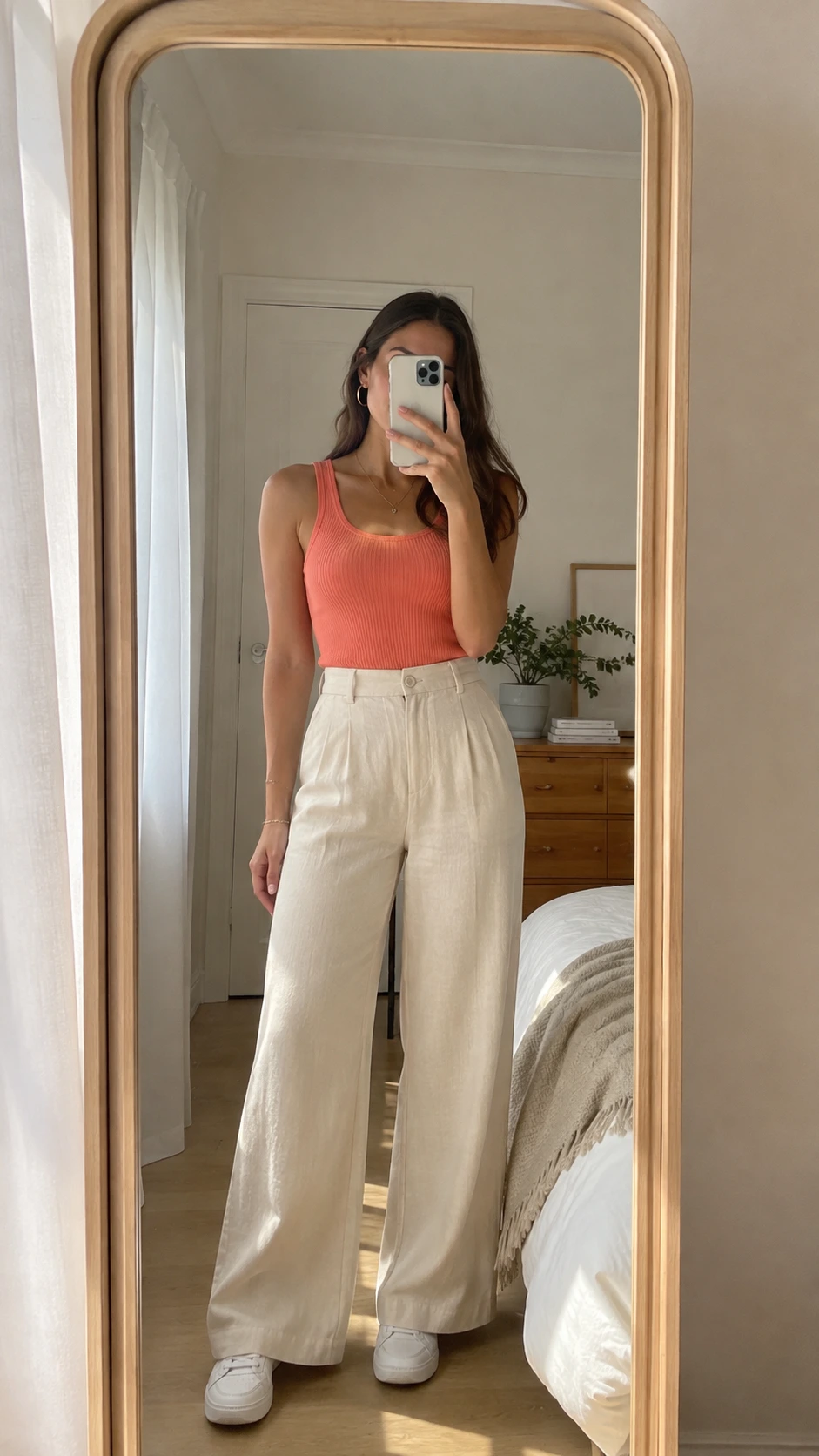 Petite woman in high-waisted ivory wide-leg linen trousers with coral ribbed tank top fully tucked in, defining her waist and elongating her silhouette in a mirror selfie