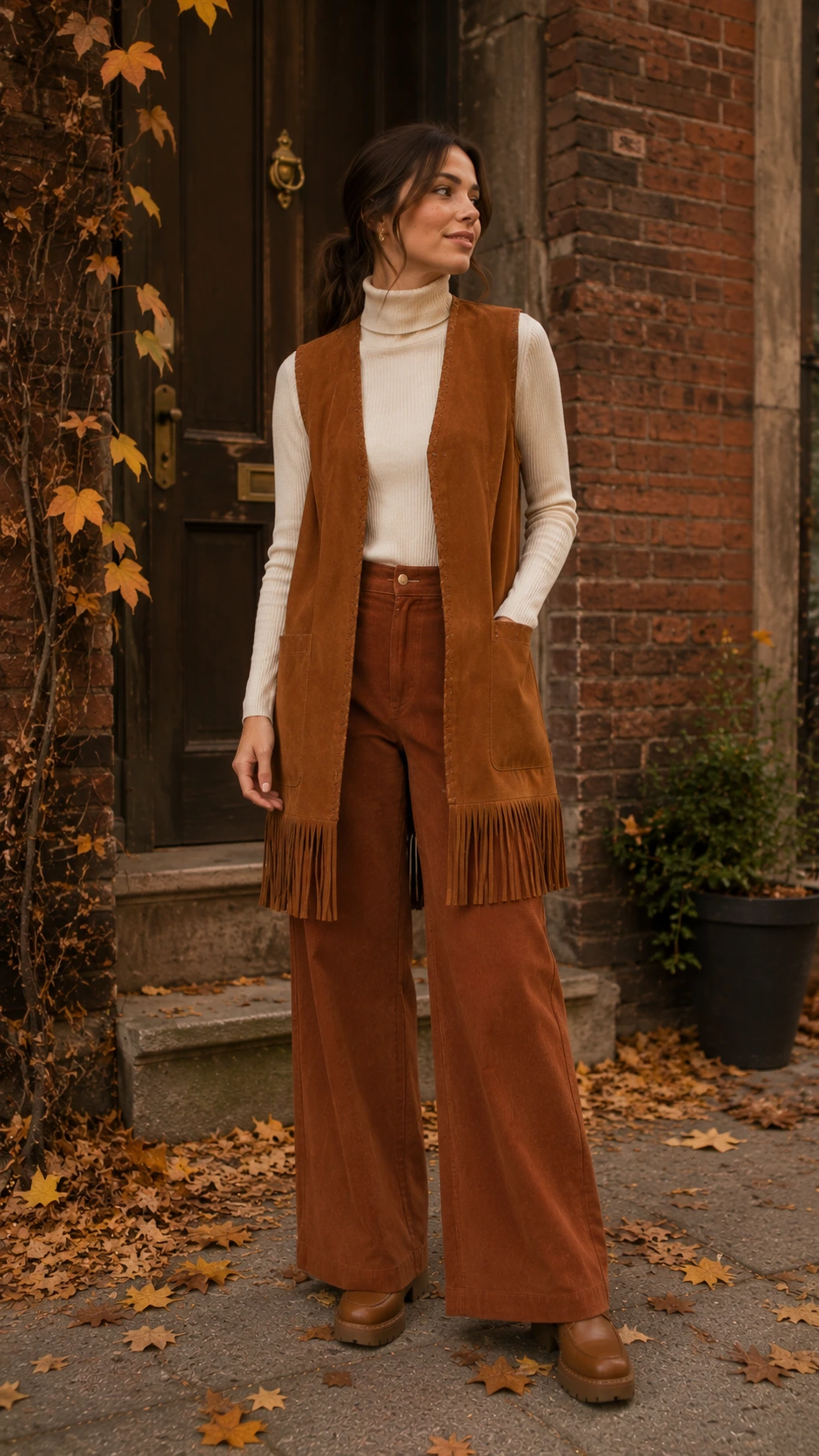 Woman in cream ribbed turtleneck layered under a long caramel suede fringe vest, styled against a brick brownstone with golden autumn leaves — a polished 70s fall outfit