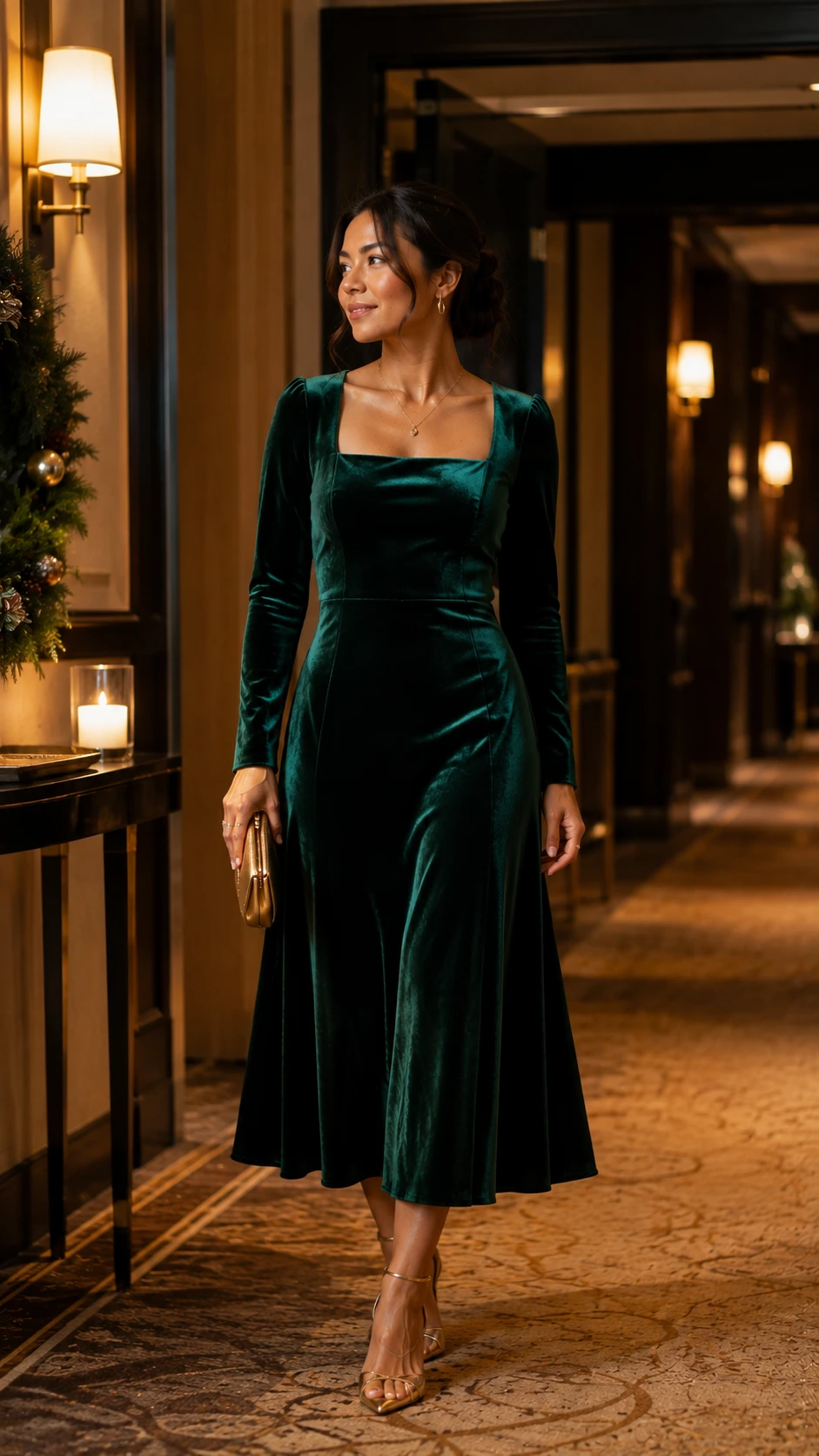 Woman wearing an emerald green velvet midi dress with fitted bodice, styled for a Christmas work dinner in a warmly lit hotel venue