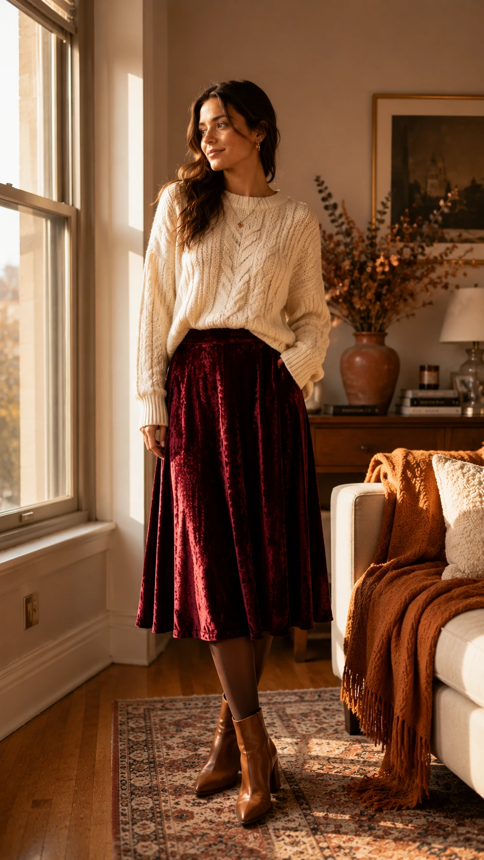 Woman in a rich burgundy velvet midi skirt standing near a sunlit apartment window, golden afternoon light highlighting the crushed texture — a polished Thanksgiving outfit idea