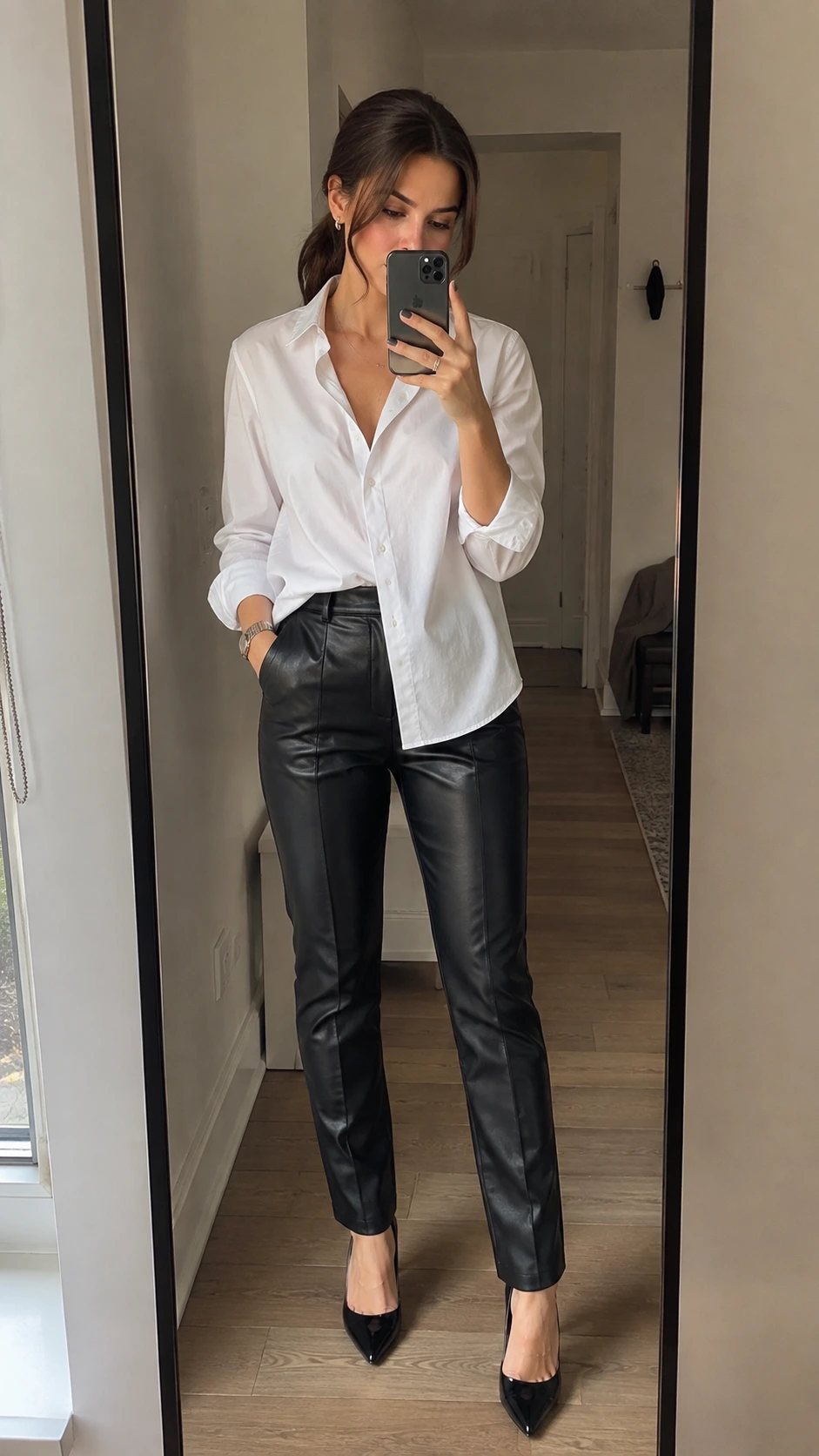 Woman in fitted black leather pants with a crisp white button-down shirt half tucked in, taking a mirror selfie in a modern apartment hallway — a polished leather pants work outfit