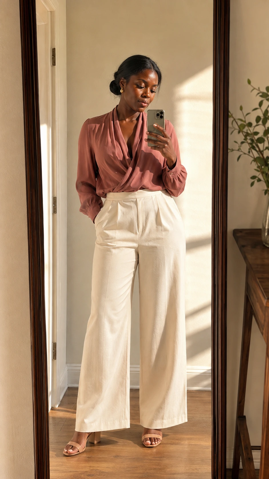 Woman in wide-leg ivory trousers and draped blouse takes a mirror selfie in a sunlit hallway — a polished fall church outfit that balances modest coverage with elegant movement