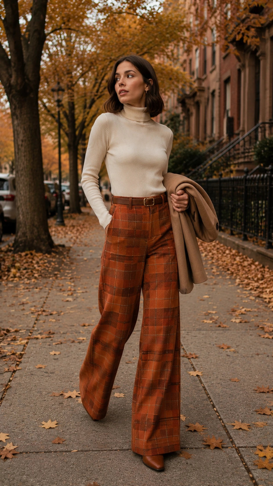 Woman in wide-leg plaid trousers with burnt orange and caramel tones paired with a cream ribbed turtleneck, capturing 70s fall outfits on an autumn sidewalk