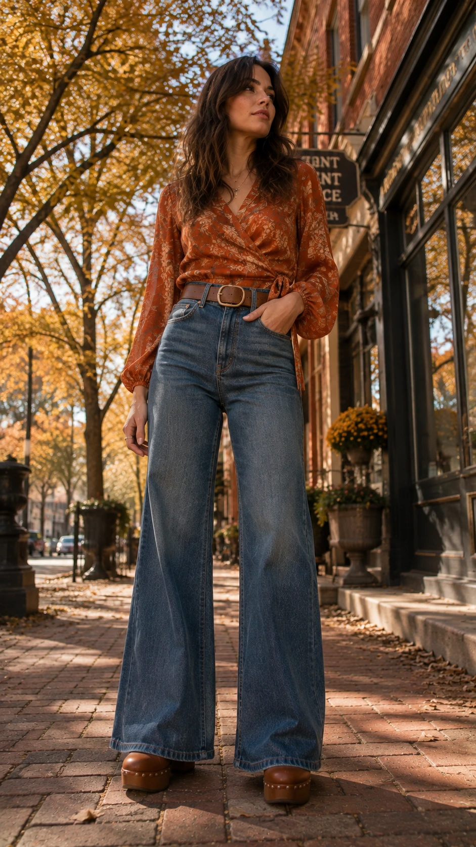 Woman in rust-orange floral wrap blouse tucked into high-waisted denim, shot from low angle on city sidewalk capturing effortless 70s fall outfit vibes