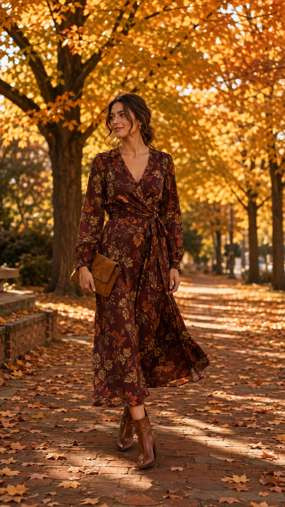 Young woman in a deep burgundy wrap dress with rust-orange leaf print standing on a leaf-covered brick path surrounded by amber autumn trees in golden afternoon light
